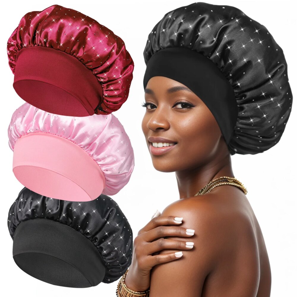 Full Rhinestone Wide Band Bonnet Satin Night Sleep Hat Hair Care Turban Bandanas Cap Headwrap Salon Shower Makeup Headband