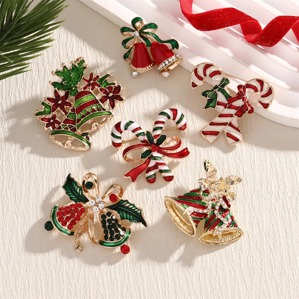 2025 New Christmas Jewelry Fashion Sweet Alloy Enamel Rhinestone Christmas Bells Brooch Pin For Women Clothing Accessories
