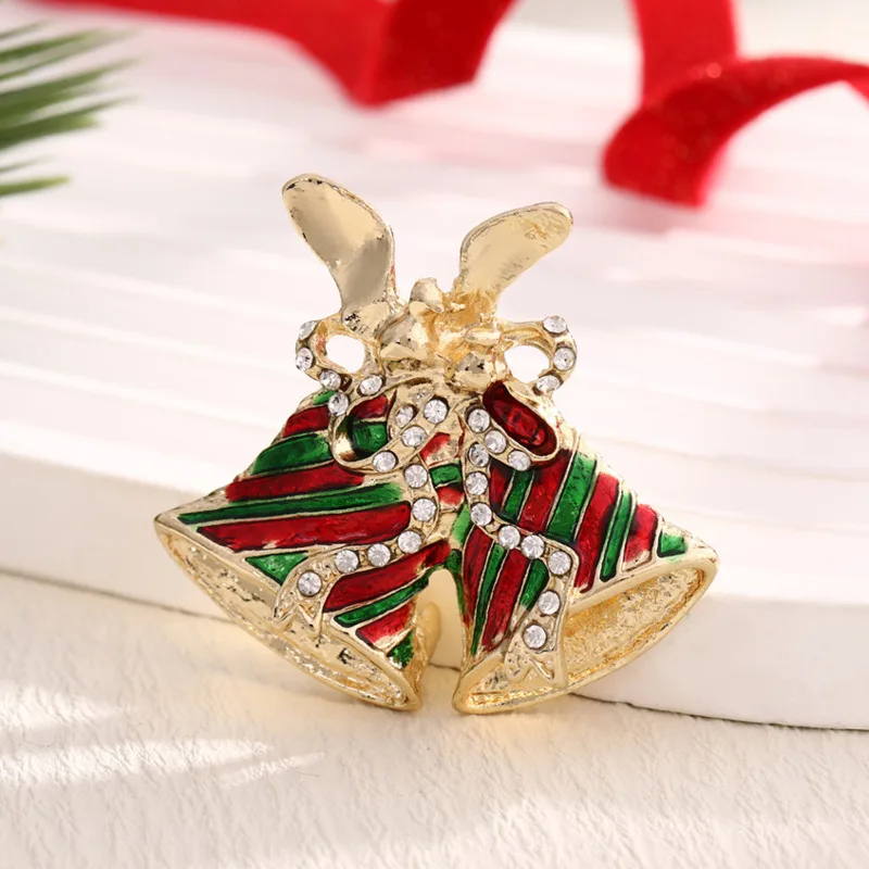 2025 New Christmas Jewelry Fashion Sweet Alloy Enamel Rhinestone Christmas Bells Brooch Pin For Women Clothing Accessories - Image 4