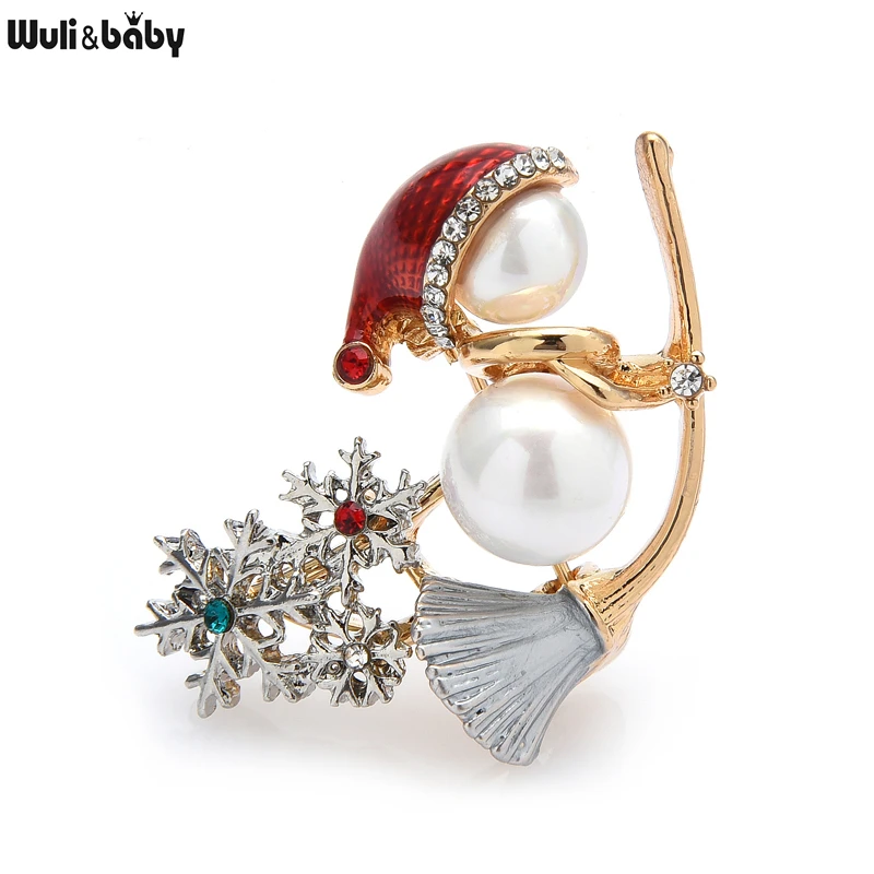 Wuli&baby Witch On a Sweep Brooches Simulated-pearl Chritmas Snowman Rhinestone Snowflake 2021 Women Brooches Gift Pins