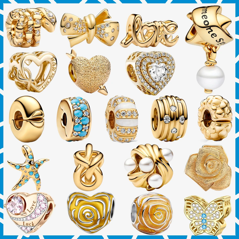 Sparkling Golden series 925 Sterling Silver Pavé Clip Charm Charms Fit Original Bracelet Beads Jewelry DIY Christmas Eve Gft