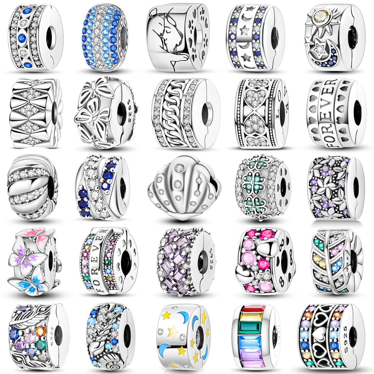 Silver Clasp 925 Sterling Silver CZ pave Clip Charms Daisy Beads Stopper Safety Chain fit Original Bangle Bracelet Jewelry Clip