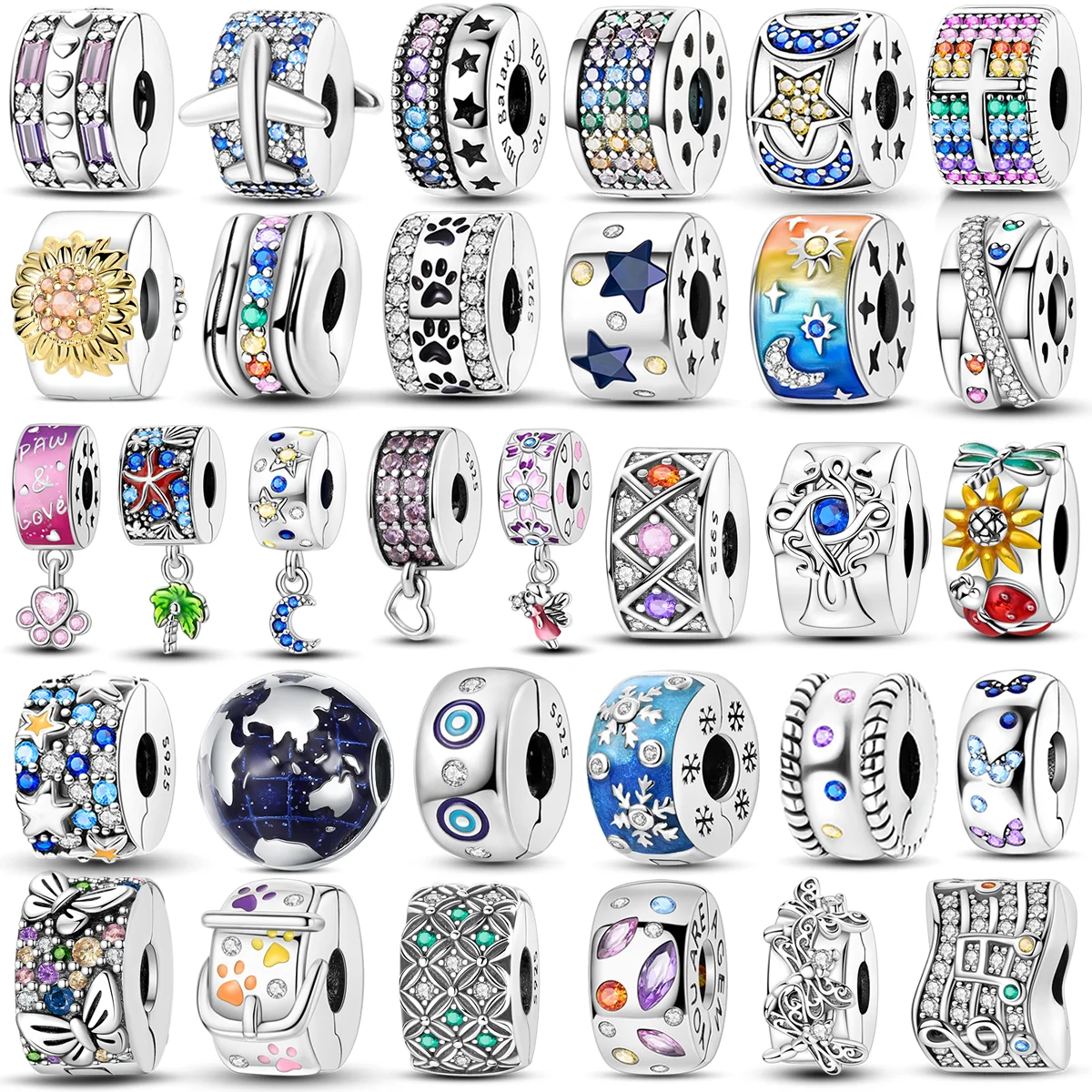 Silver Clasp 925 Sterling Silver CZ pave Clip Charms Daisy Beads Stopper Safety Chain fit Original Bangle Bracelet Jewelry Clip - Image 3