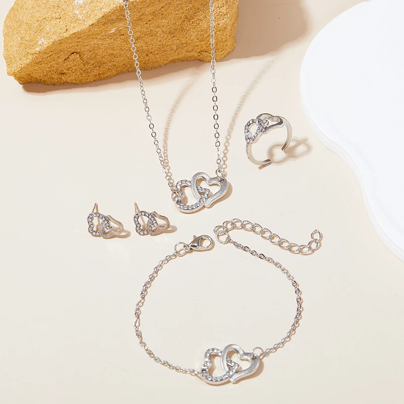 4Pieces /Set Of Fashionable And LuxuriousHeart-Shaped Jewelry Sets Suitable For Ladies,Necklaces, Bracelets, Earrings, Rings - Image 5
