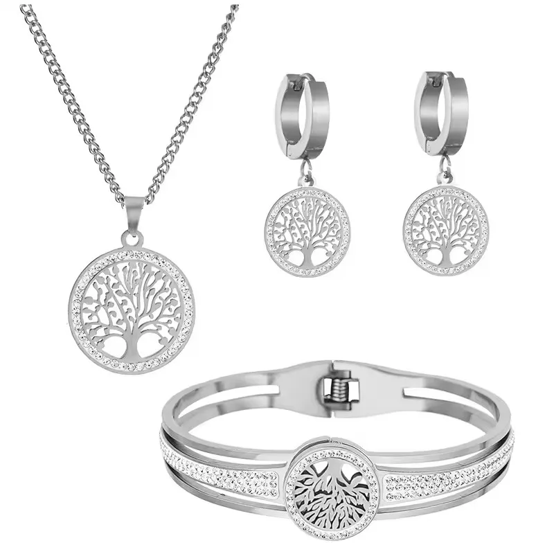 4pcs/Set Stainless Steel Hollow Tree Of Life Peace Pendant Necklace Bracelet Earrings Ladies Wedding Jewelry Set - Image 6
