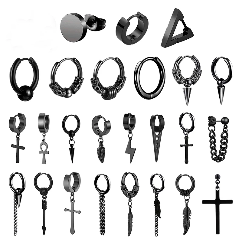1 Pairs Punk Stainless Steel Stud Earrings Black Earrings Set For Men Women Vintage Hip Hop Piercing Ear Jewelry Accessories