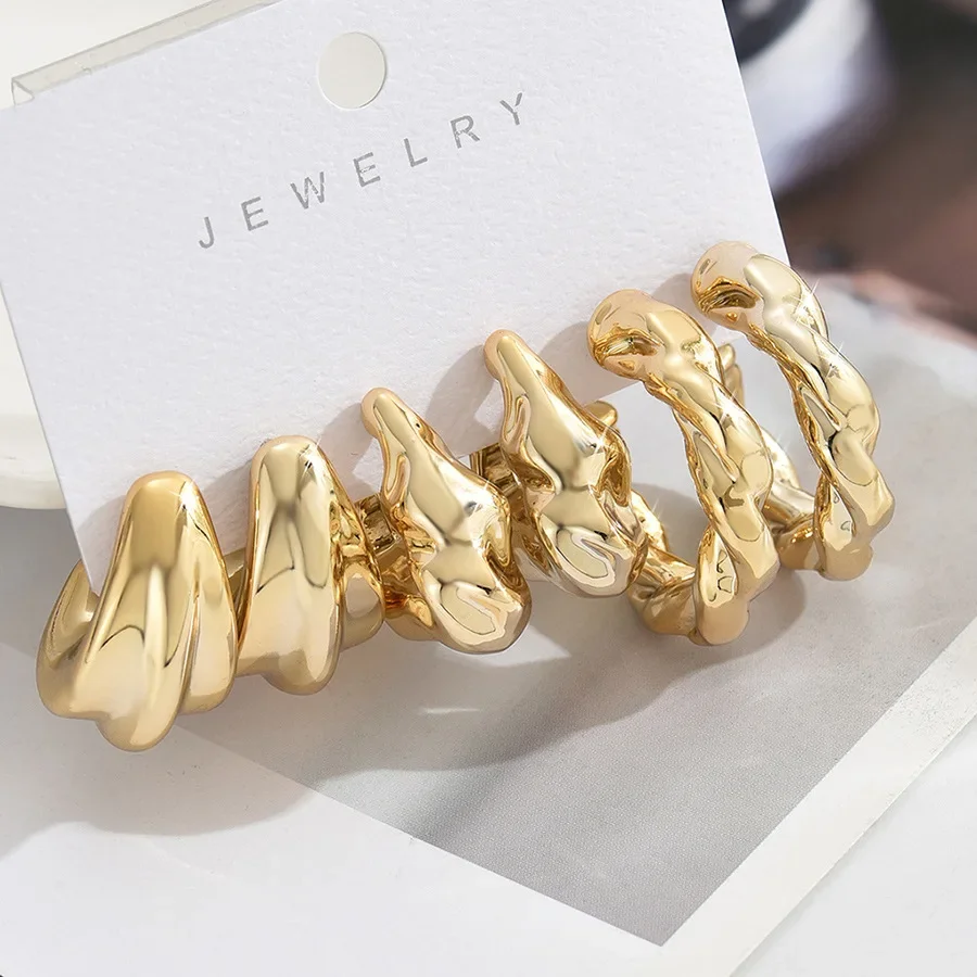 LATS 6Pcs Vintage Classic Geometry Glossy Ccb Gold Plated C Shape Hoop Earrings Set for Women Waterdrop Earing Fashion Jewelry