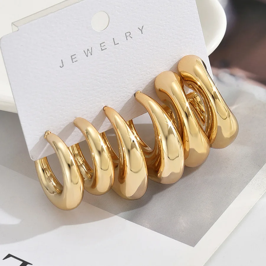 LATS 6Pcs Vintage Classic Geometry Glossy Ccb Gold Plated C Shape Hoop Earrings Set for Women Waterdrop Earing Fashion Jewelry - Image 5