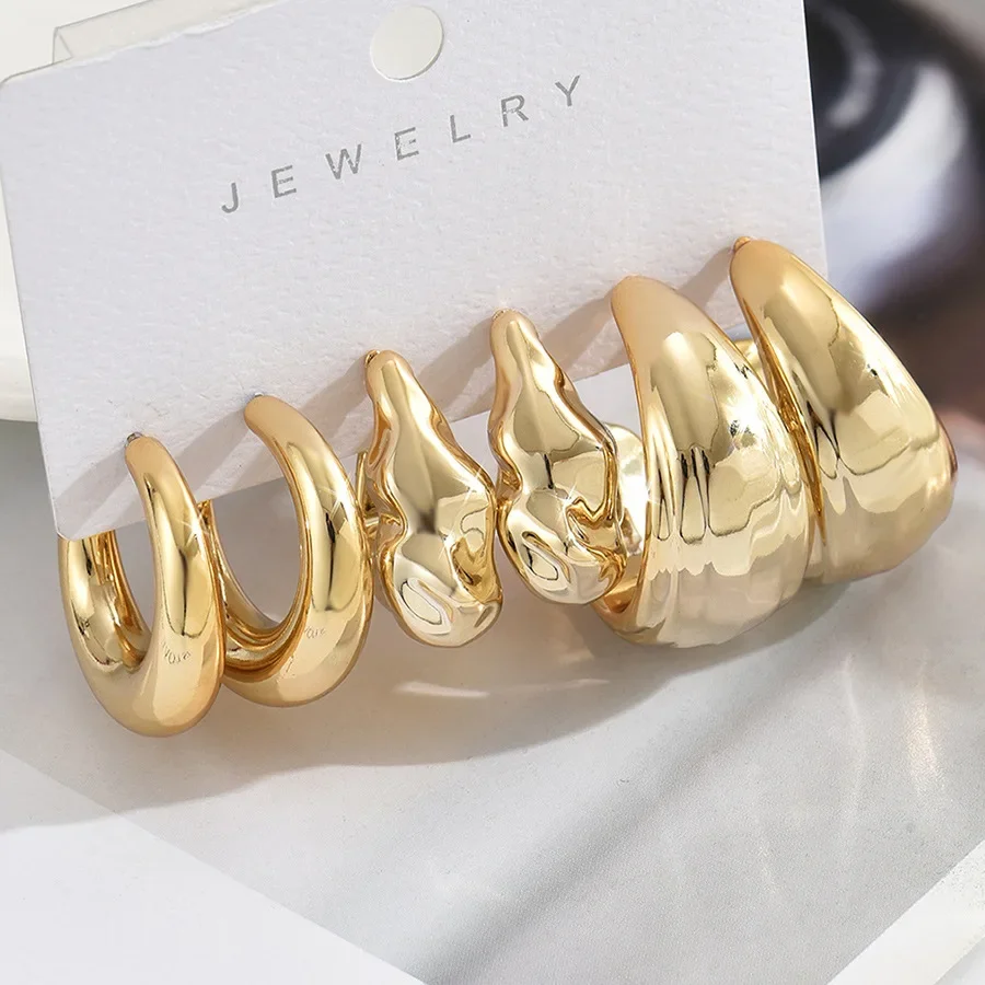 LATS 6Pcs Vintage Classic Geometry Glossy Ccb Gold Plated C Shape Hoop Earrings Set for Women Waterdrop Earing Fashion Jewelry - Image 3
