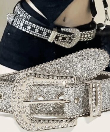 Y2K Women Fashion Solid Print Studded Full Rhinestone Belt PU Leather Bling Crystal Adjustable Glitter Waistband for Club Party