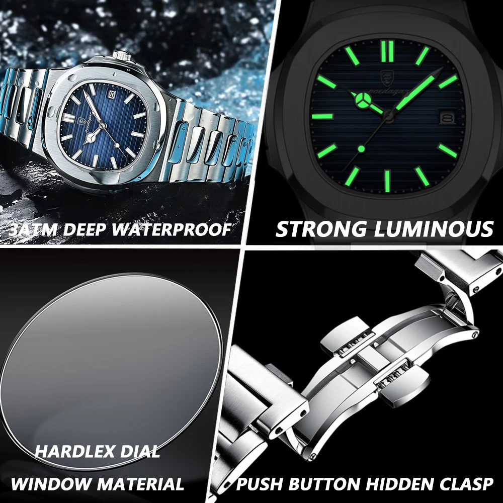 POEDAGAR Top Luxury Brand Man Watch Sports Waterproof Luminous Date Men Wristwatch Square Dial Quartz Men's Watches High Quality - Image 4