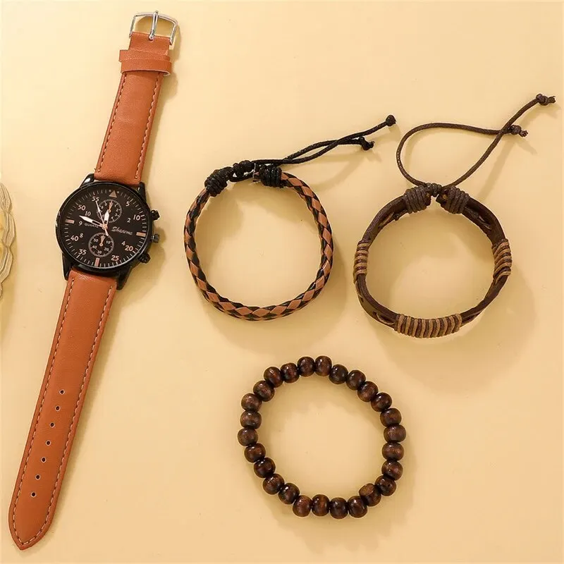 New Men Watch Luxury Bracelet Set Fashion Business Brown Leather Quartz Wrist Watches for Men Gift Set Relogio Masculino - Image 3