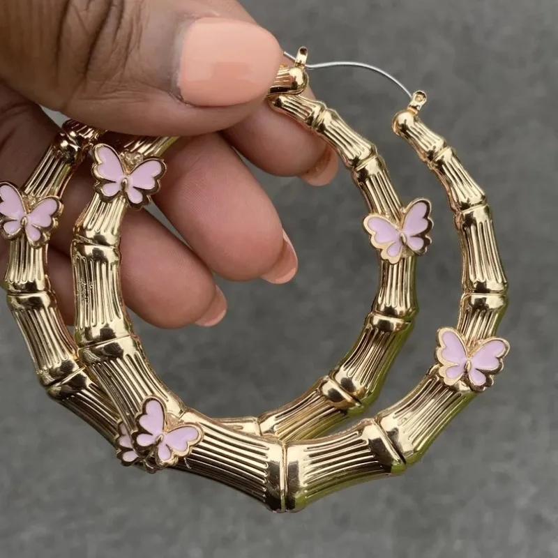 Big Butterfly Bamboo Hoop Earrings For Women Pink Butterfly Vintage Girls Earrings Street Wear Jewelry - Image 3