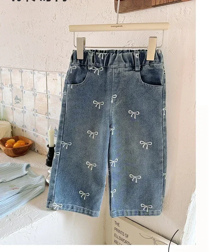 4626 Children Pant Spring and Autumn Hot Sale Good Quality Girl's Jeans Korean Printed Bows Baby Girl's Straight Denim Pant - Image 5