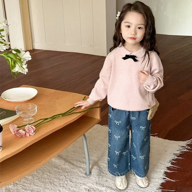 4626 Children Pant Spring and Autumn Hot Sale Good Quality Girl's Jeans Korean Printed Bows Baby Girl's Straight Denim Pant - Image 3
