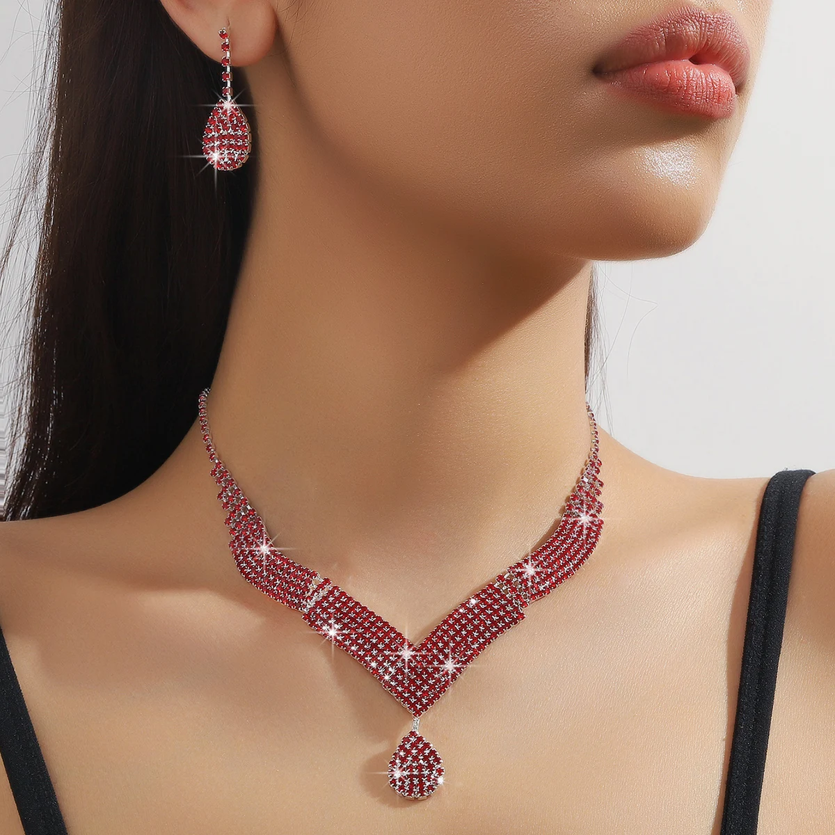 3pcs fashionable rhinestones, water droplets, necklaces, earrings, jewelry sets, women's wedding accessories - Image 4