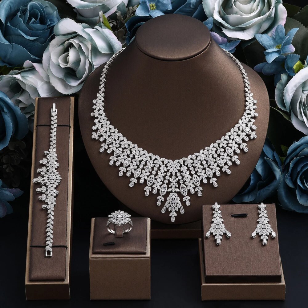 2024 Hot Sale Bridal Wedding Jewelry Sets for Women 4 Pieces Wedding Party Zirconia Necklace Bracelet with Adjustable Chain