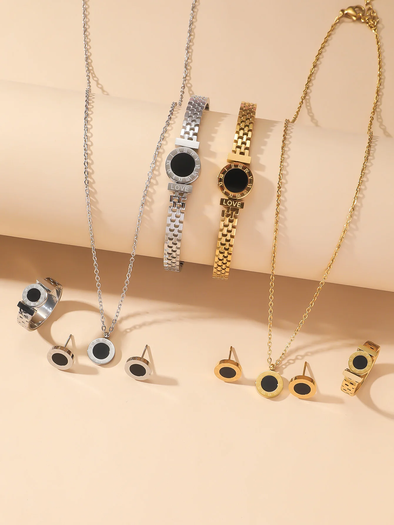 Niche design Roman digital necklace bracelet set female titanium steel ring studs simple - Image 2