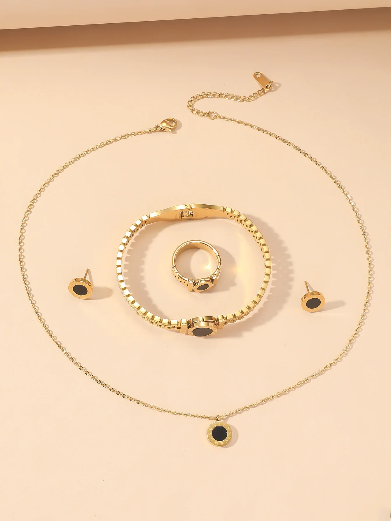 Niche design Roman digital necklace bracelet set female titanium steel ring studs simple - Image 4