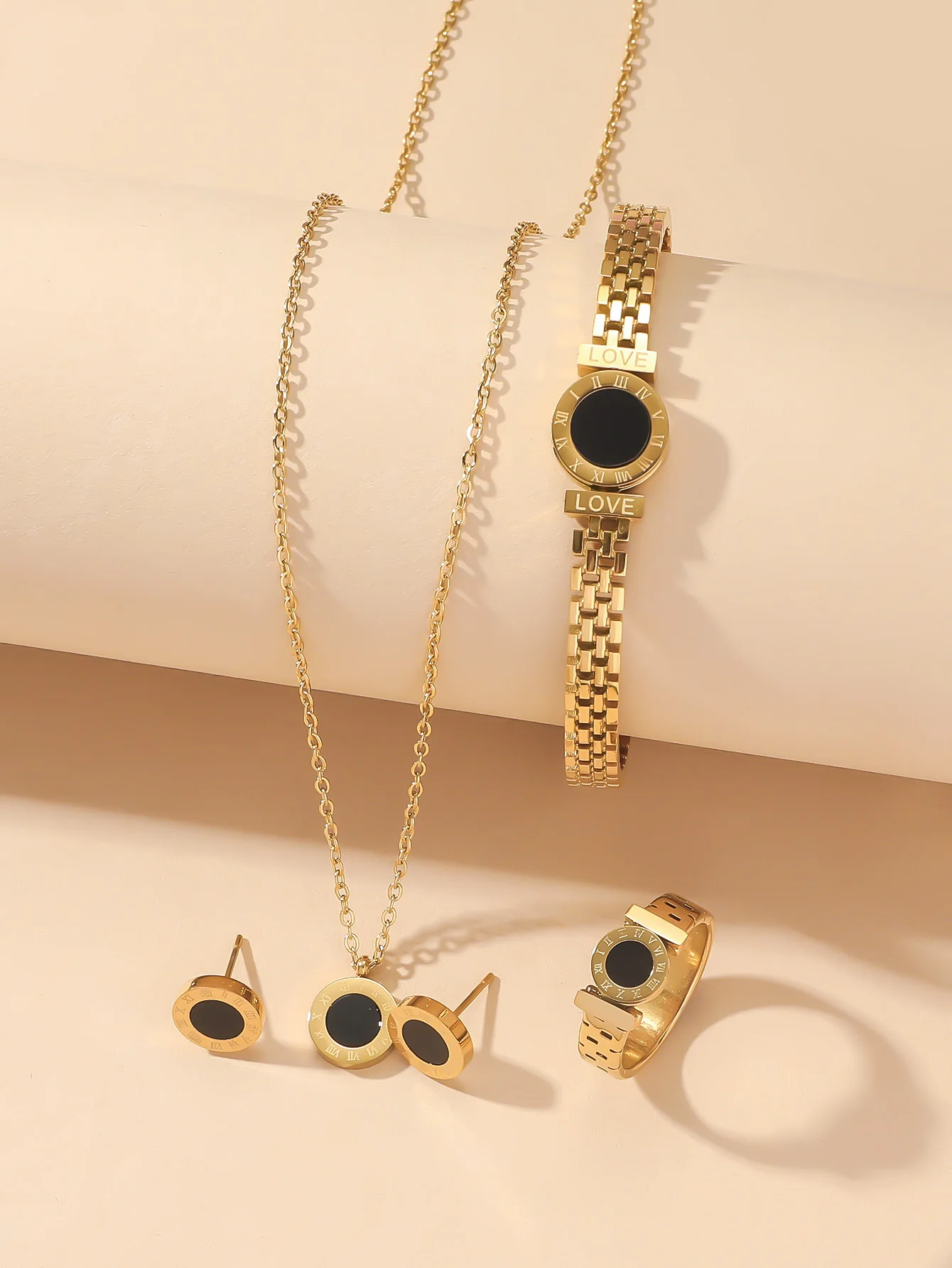 Niche design Roman digital necklace bracelet set female titanium steel ring studs simple - Image 3