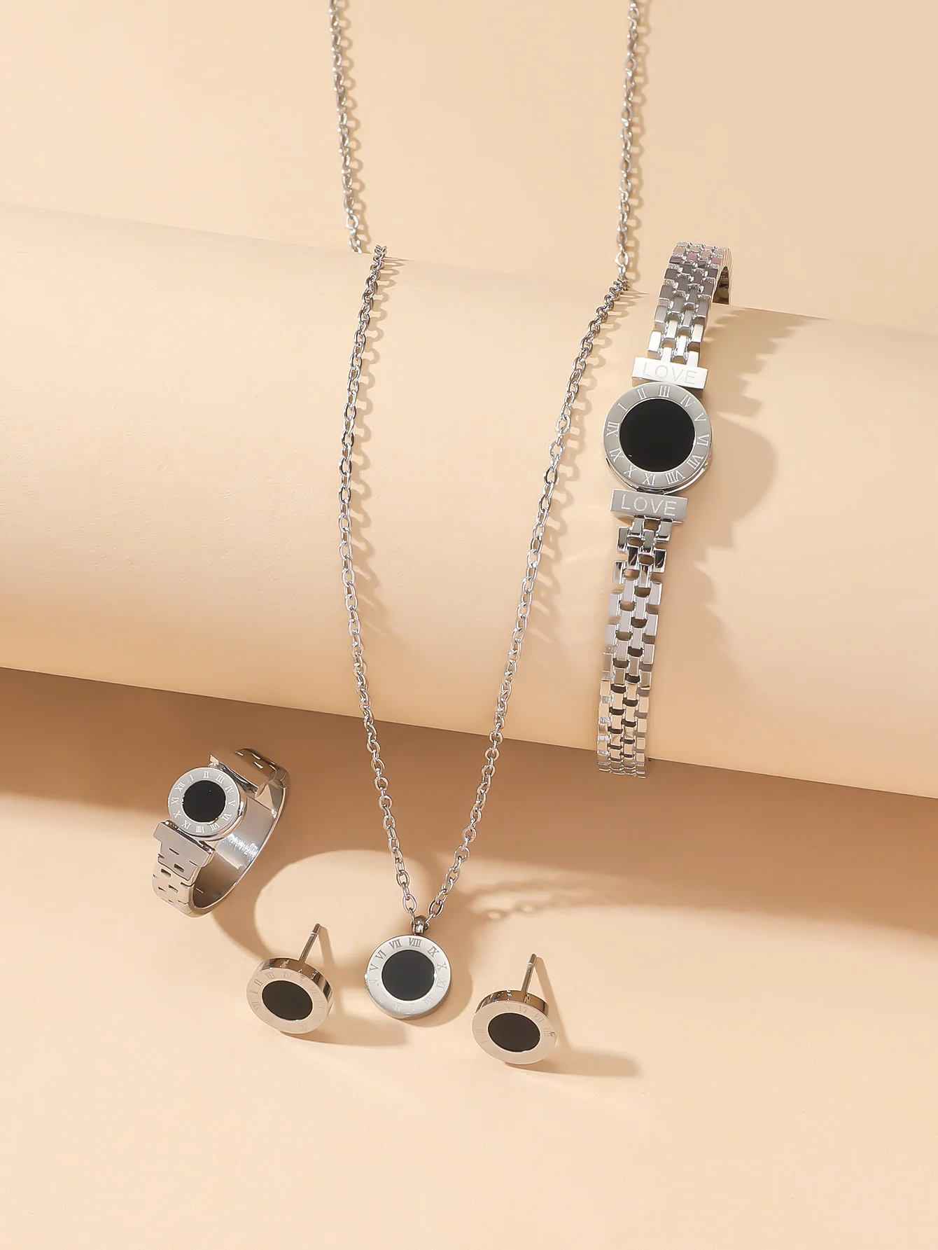 Niche design Roman digital necklace bracelet set female titanium steel ring studs simple - Image 5