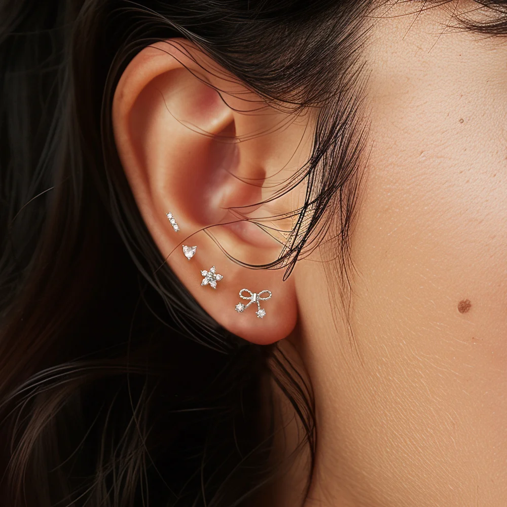 Aide 925 Sterling Silver 4pcs Set Heart Bow Flower Inlaid Zircon Piercing Stud Earrings For Women K Gold Bohemian Sweet Jewelry - Image 3