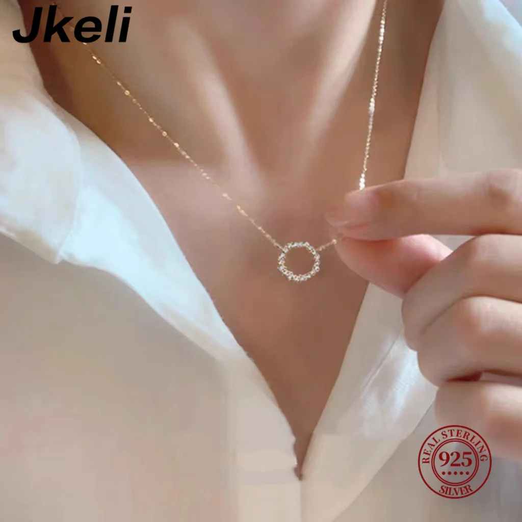 Jkeli -100% S925 Sterling Silver Plated 18K Gold Necklace with Full Diamond Circle Style Japanese and Korean K Gold Collar Chain - Image 3