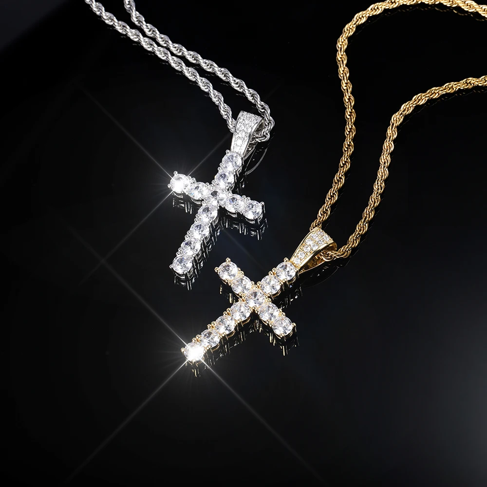 14K Gold Plated Hip Hop Cross Pendant Necklace for Women Male Iced Out Twisted Chain Long Necklace Fine Jewellery Accessories - Image 3