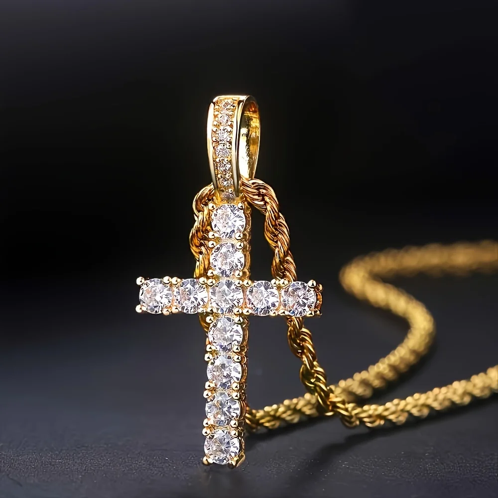 14K Gold Plated Hip Hop Cross Pendant Necklace for Women Male Iced Out Twisted Chain Long Necklace Fine Jewellery Accessories - Image 5