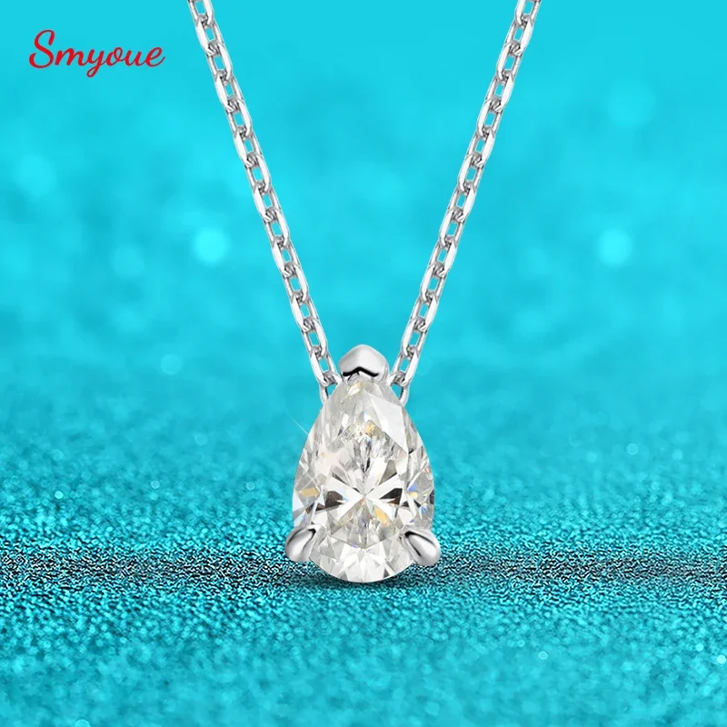 Smyoue Certified 1CT 2CT Pear Cut D VVS1 Moissanite Necklace for Women 18k Gold Plated Jewelry 100% Sterling Silver 925 Pendant
