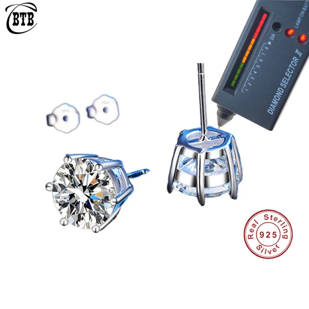 Cbtb 925 Sterling Silver GRA Certified 0.5-3CT Real Moissanite D Color VVS1 Six-jaw Stud Earrings Women Wedding Band Jewelry