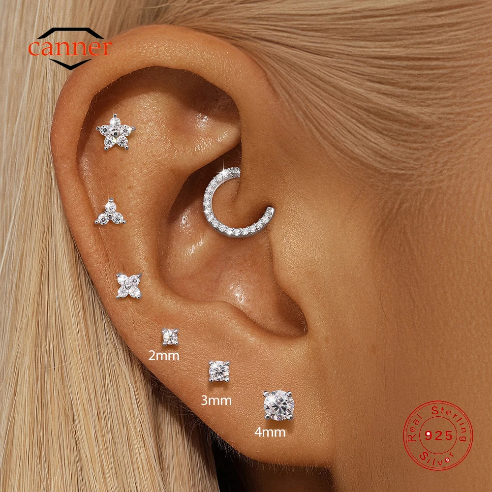 CANNER 1PC 2/3/4mm 4-Prong Moissanite Threaded Cartilage 925 Sterling Silver Stud Earrings For Women Ins Piercing Jewelry Gift