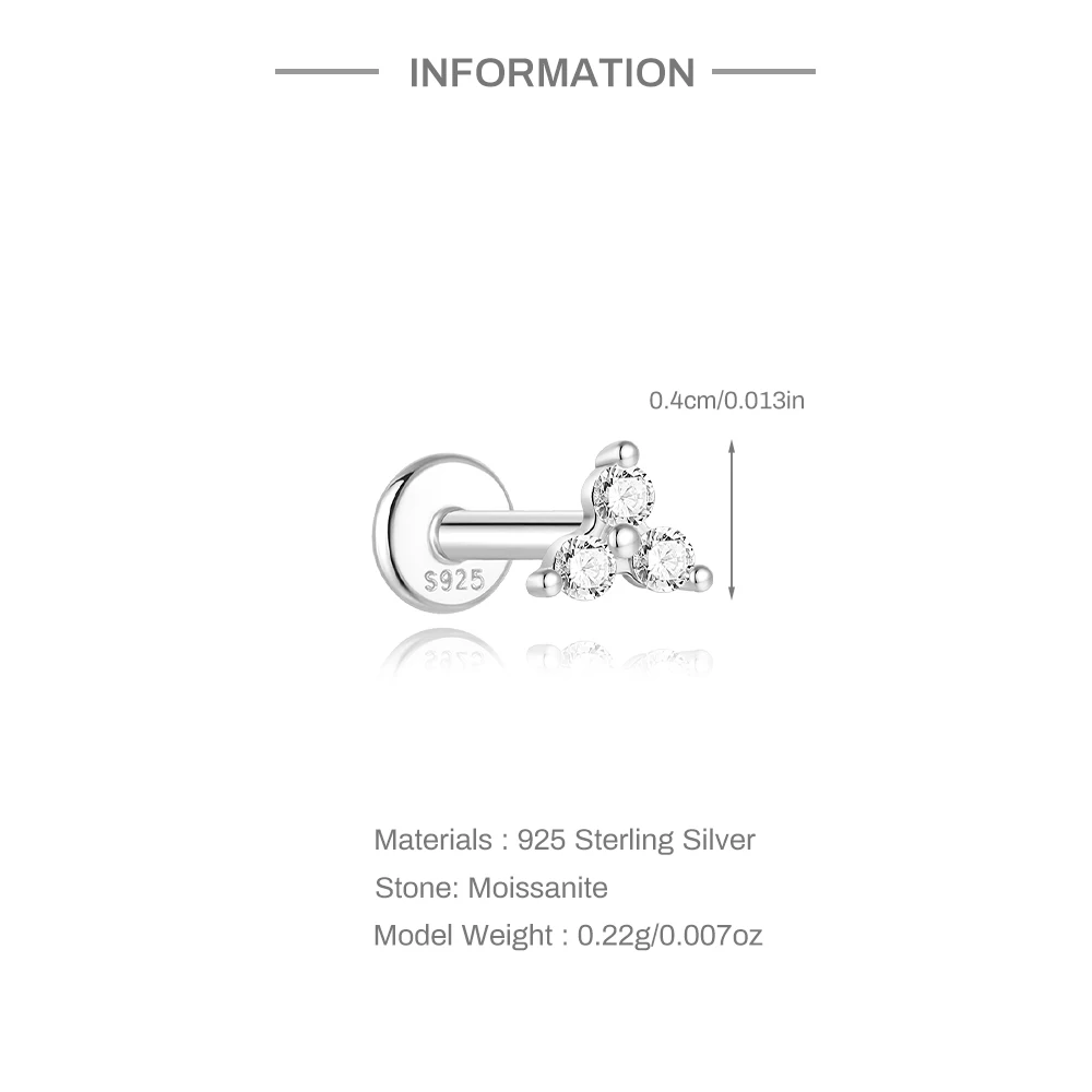 CANNER 1PC 2/3/4mm 4-Prong Moissanite Threaded Cartilage 925 Sterling Silver Stud Earrings For Women Ins Piercing Jewelry Gift - Image 5