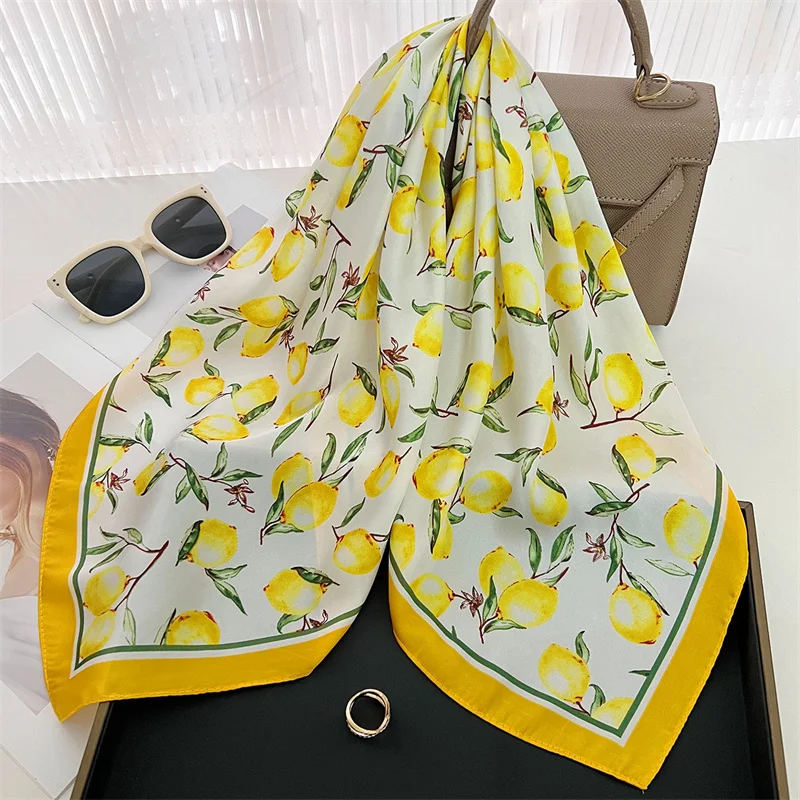 70cm Square Lemon Print Yellow Square Silk Scarf Casual Elegant Thin Breathable Neck Women Windproof Head Wrap Hair Scarves - Image 3