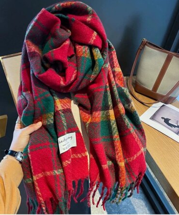 Women Winter Red Plaid Christams Scarf Cashmere Warm Pashmina Scarves Blanket Wraps Female Thick Soft Tassel Shawl Long Poncho