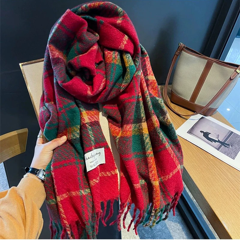 Women Winter Red Plaid Christams Scarf Cashmere Warm Pashmina Scarves Blanket Wraps Female Thick Soft Tassel Shawl Long Poncho
