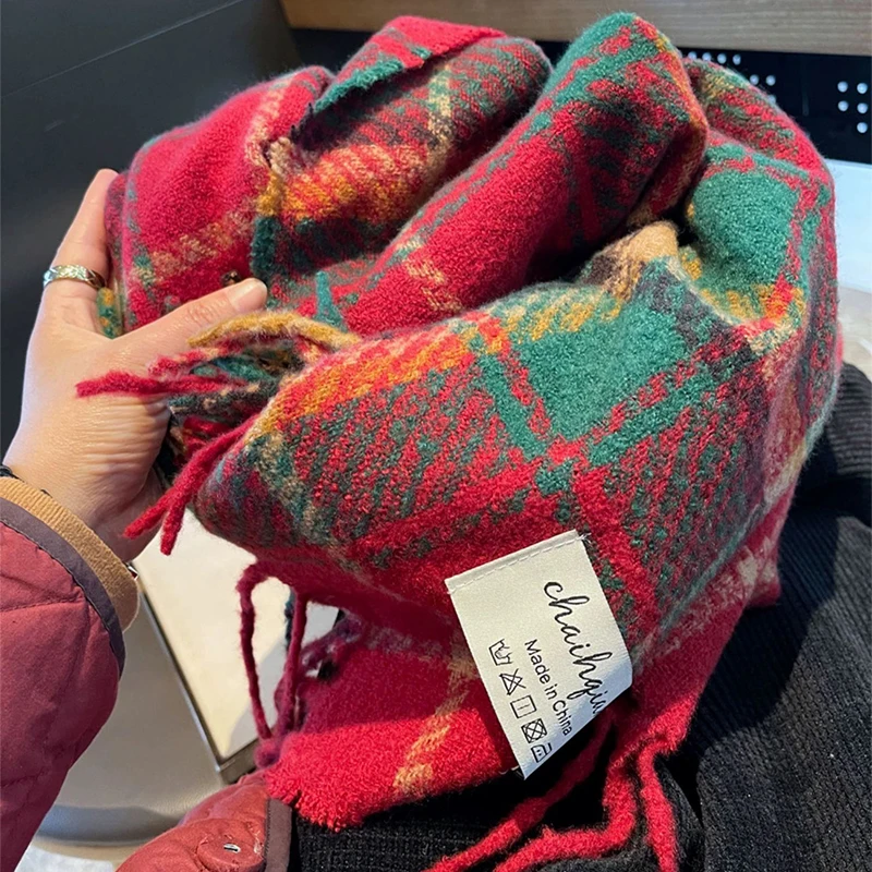 Women Winter Red Plaid Christams Scarf Cashmere Warm Pashmina Scarves Blanket Wraps Female Thick Soft Tassel Shawl Long Poncho - Image 6