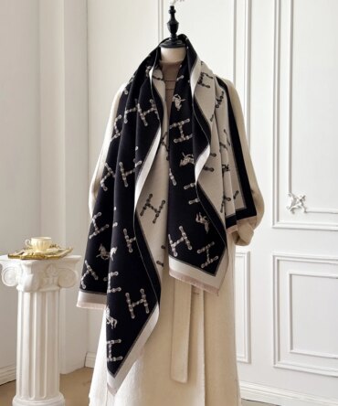 Brand Fashion Women's Cashmere Winter Shawl - Vintage Floral Printed Oil Painting Style Pashmina Thick Wrap & Poncho