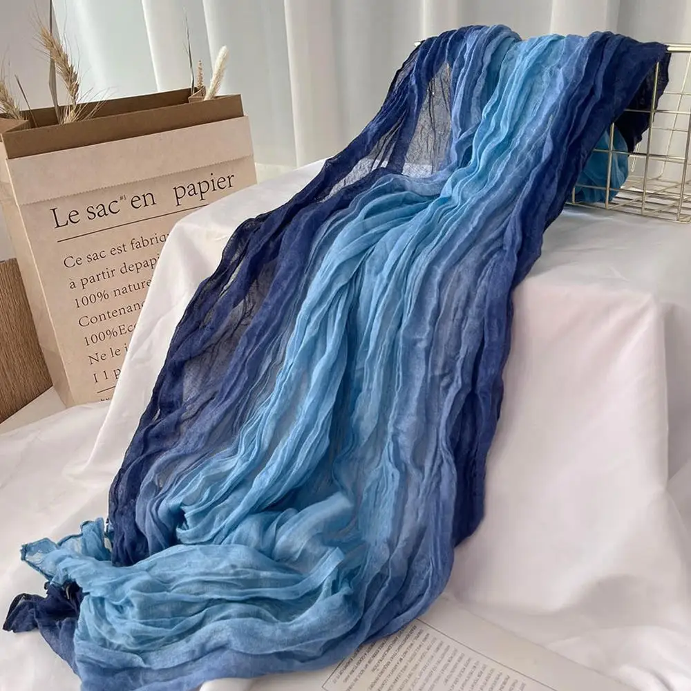 180x90cm Scarf Cotton Hemp Gradient Blue Autumn Winter Korean Versatile Printed Women Long Soft Fashionable Trend Fold Shawl DIY - Image 3