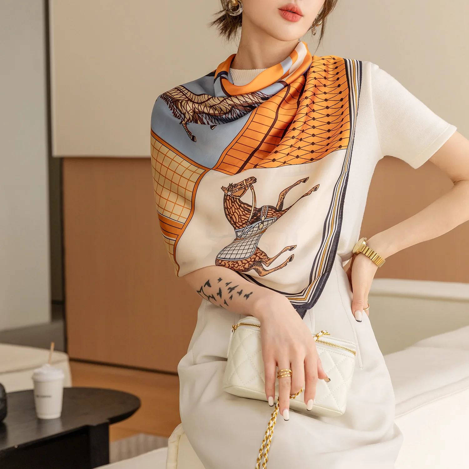 Luxury Horse Print Square Scarf Vintage Imitation Silk Shawl Scarf Women Windproof Outdoor Head Wrap 110*110cm - Image 3