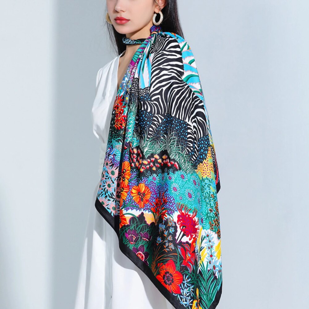 Luxury Brand Square Silk Scarf Women Satin Print Hijab Scarves Muslim Pareo Bandana Female Shawl Wrap Headband Foulard 90*90cm