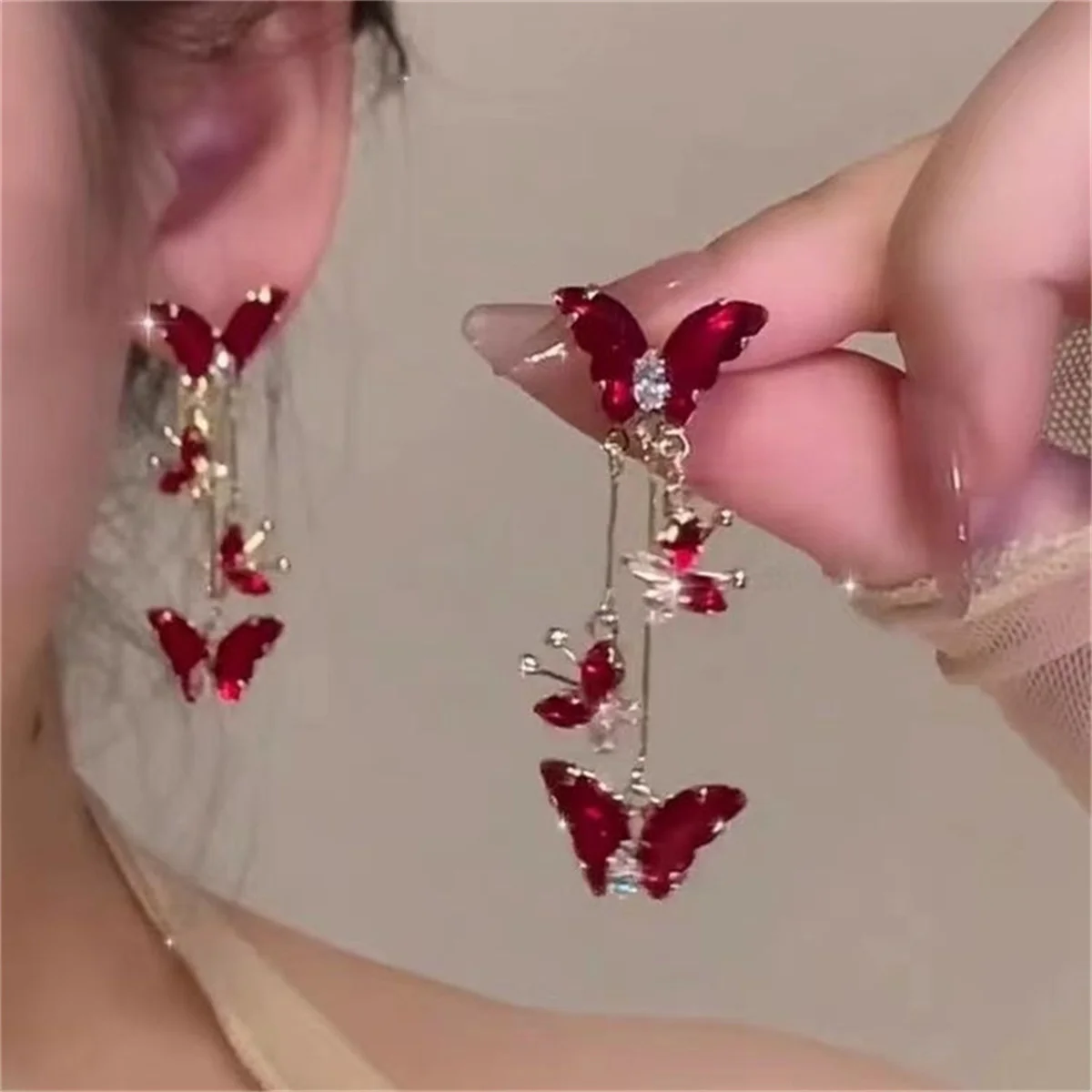Delicate Red Zircon Butterfly Tassel Drop Earrings For Women Luxury Crystal Animal Butterfly Earring Wedding Party Jewelry Gifts - Image 2