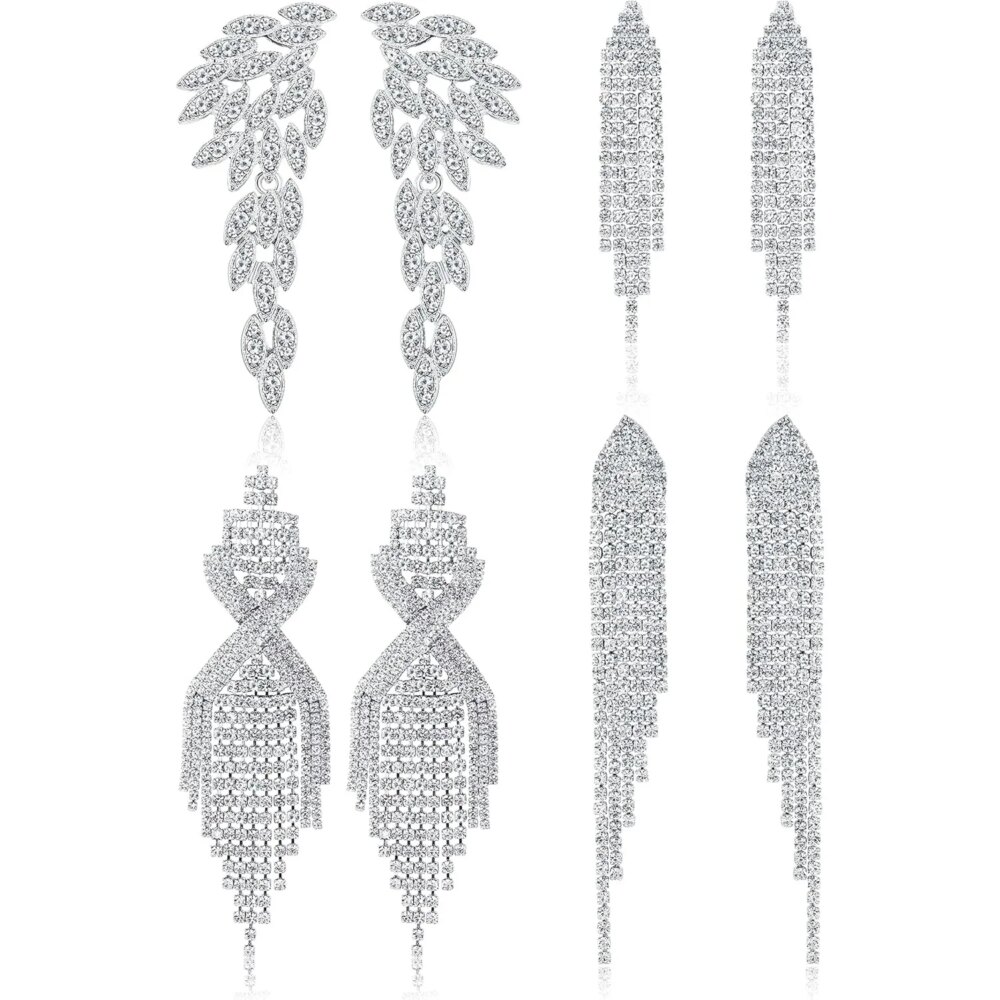 4Pairs Clip on Earrings for Women Sparkly Tassel Teardrop Dangle Earrings for Brides Bridesmaids Non Pierced Prom Jewelry Set