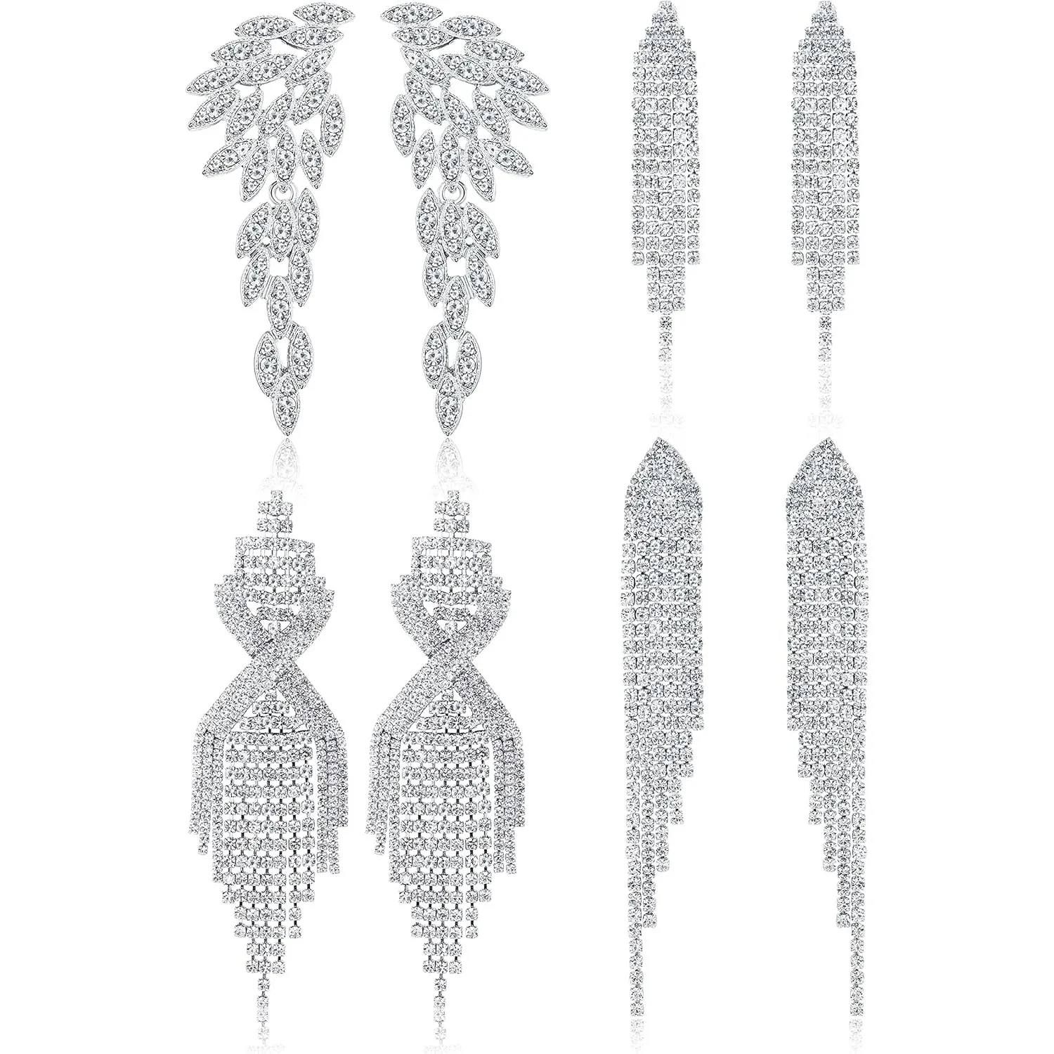 4Pairs Clip on Earrings for Women Sparkly Tassel Teardrop Dangle Earrings for Brides Bridesmaids Non Pierced Prom Jewelry Set