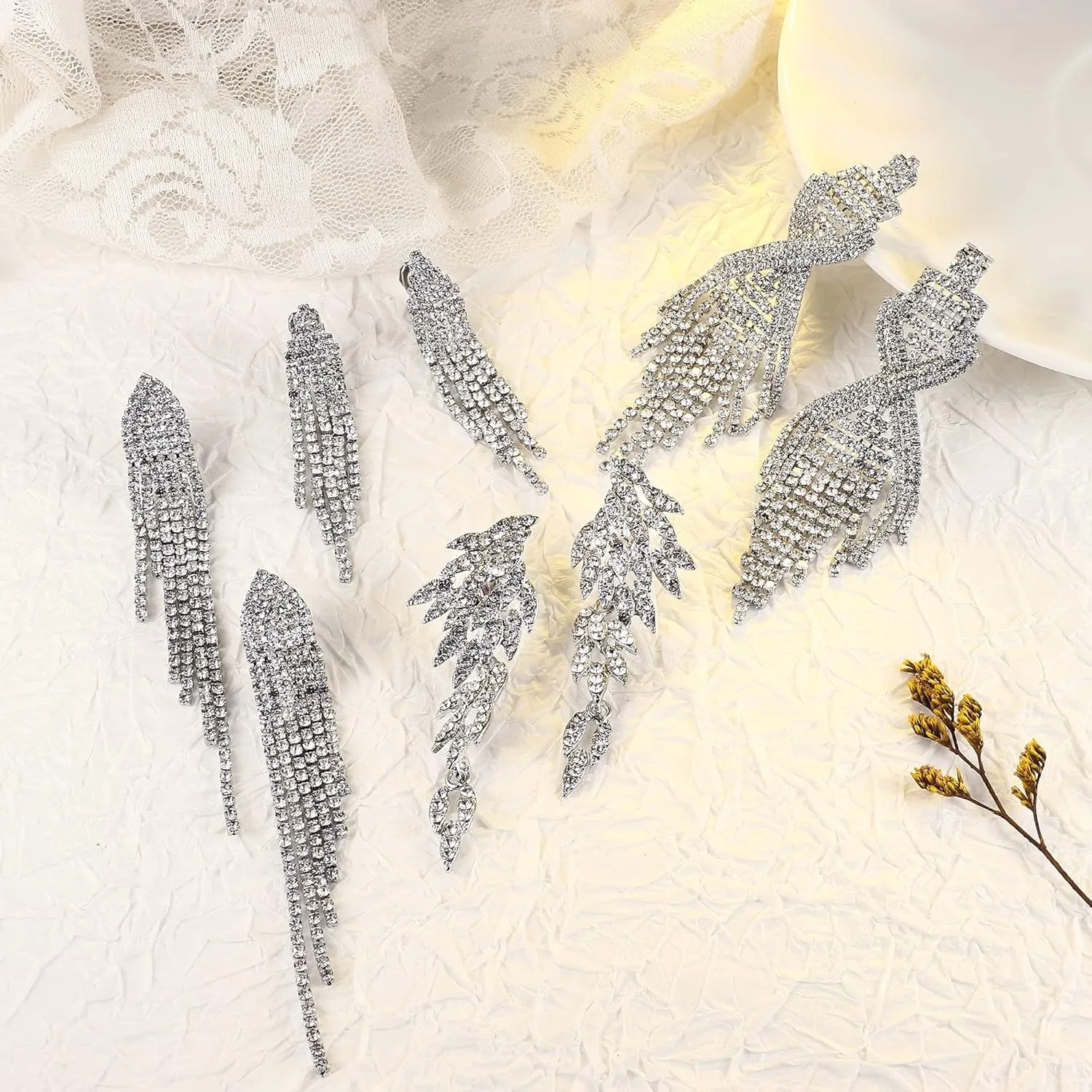 4Pairs Clip on Earrings for Women Sparkly Tassel Teardrop Dangle Earrings for Brides Bridesmaids Non Pierced Prom Jewelry Set - Image 4