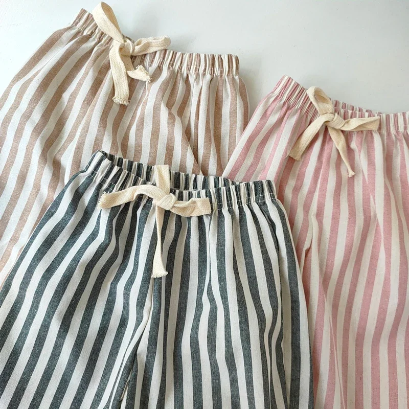 Spring Summer Boys Striped Loose Pants Baby Girl Vintage Casual Linen Cotton Harlan Pants Kids Lace-up Pant Children Clothing - Image 5