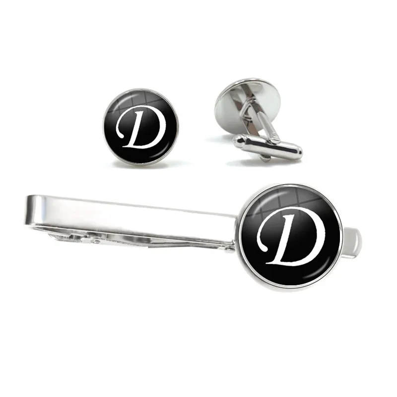 26 Alphabet Letters Print Personality Men Tie Clip & Cufflinks Set Shirt Suit Cuff Links Wedding Jewelry Fathers Day Gift - Image 3