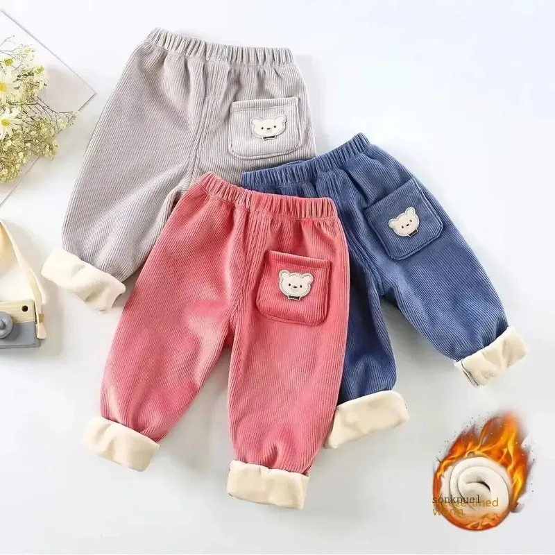 Kids Warm Pants Autumn Winter Girls Thicken Trousers Baby Boys Cute Bear Print Children Casual Harem Pants - Image 3