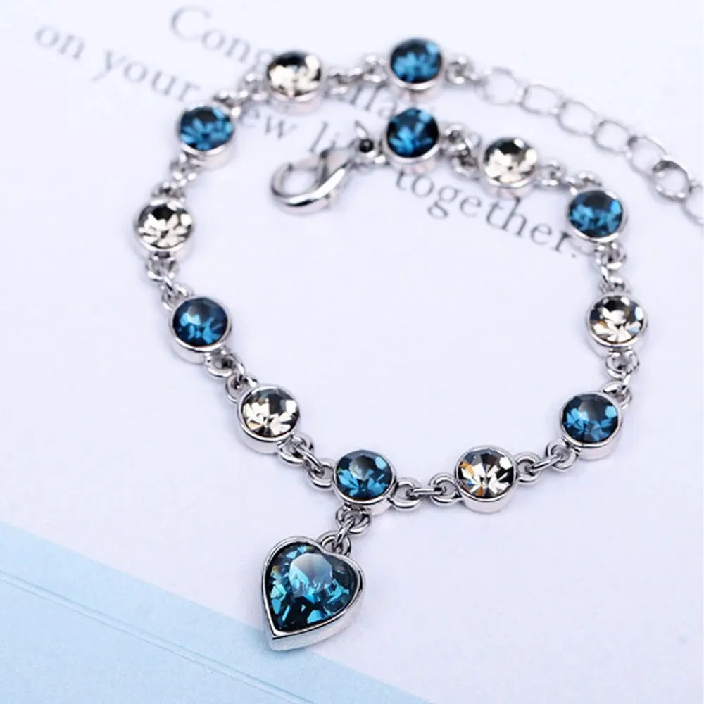 Women Silver Color Lucky Bracelet Female Blue Crystal Heart Charm Pulseras Bracelet Bridal Wedding Engagement Fine Jewelry Gift - Image 3