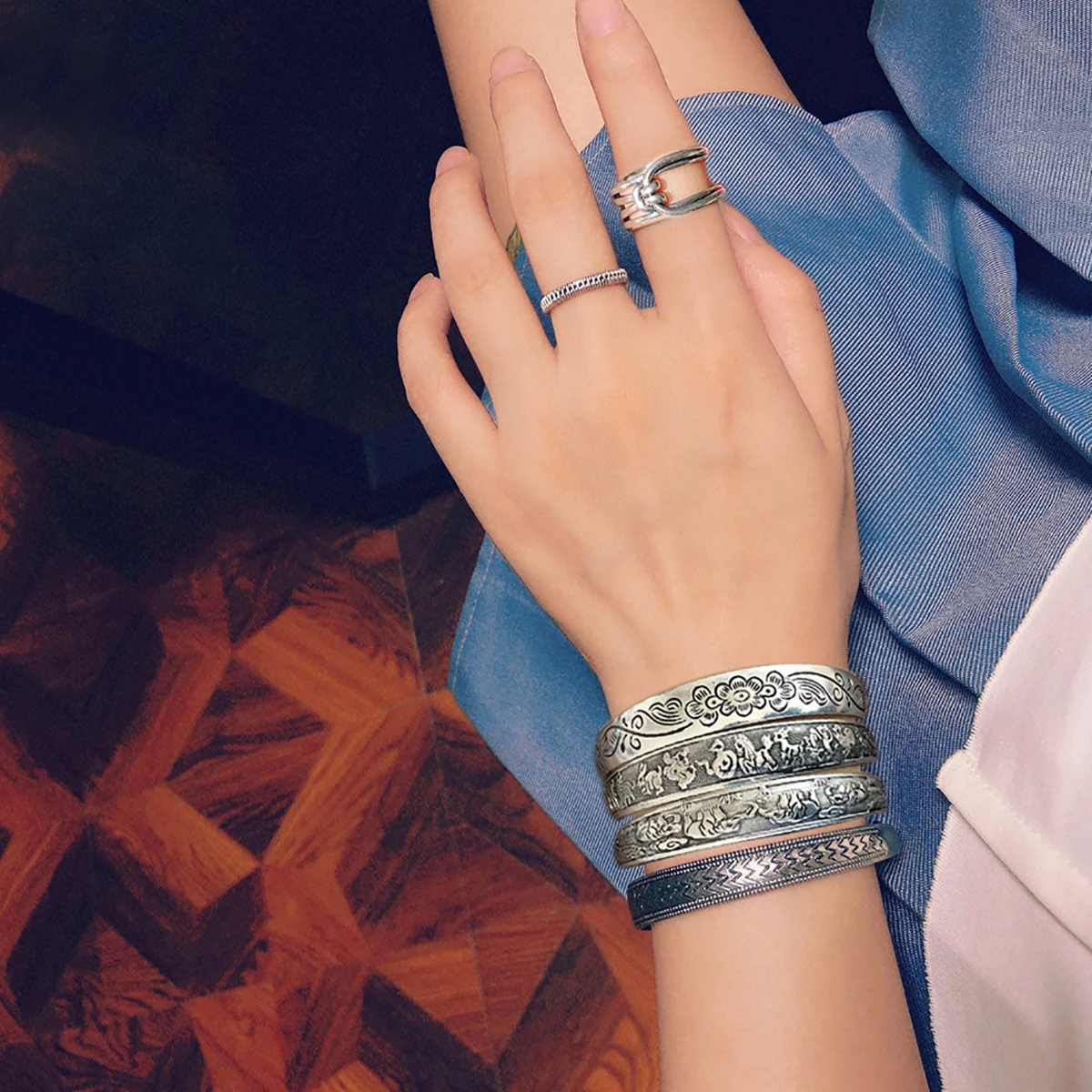 New Retro Cuff Bracelets Tibetan Silver Metal Carving Fish Elephant Flower Bangles Vintage Gypsy Jewelry Female Gifts - Image 2